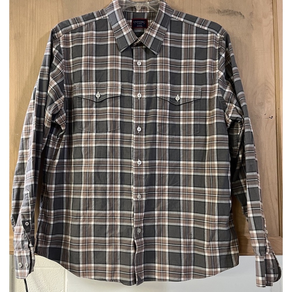 Untuckit 100%Cotton‎ LS Button Up XL Brown/Gray Plaid